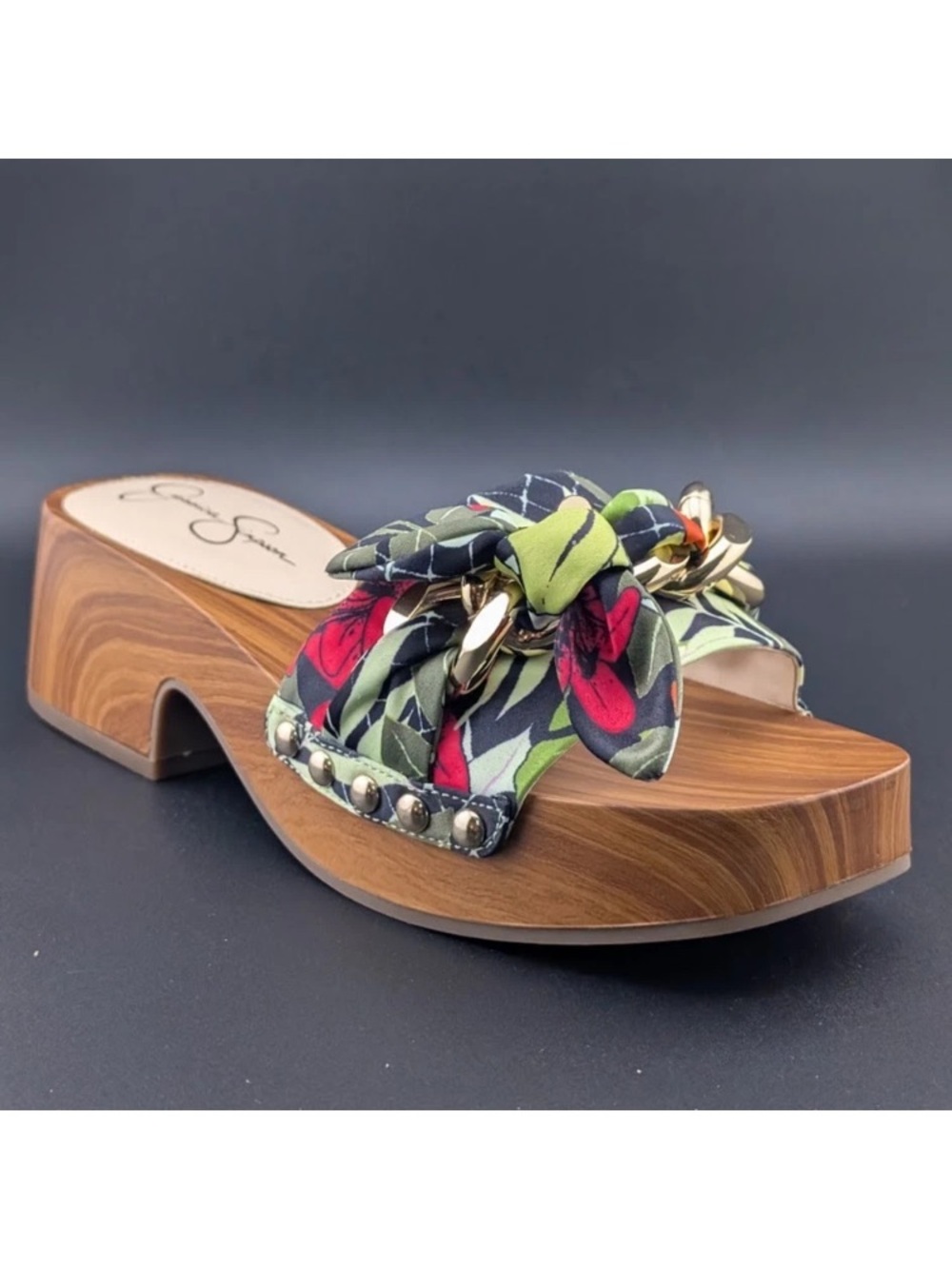 Jessica Simpson Floral Chain-Accent Wood-Platform Mules in Green, Red, Black